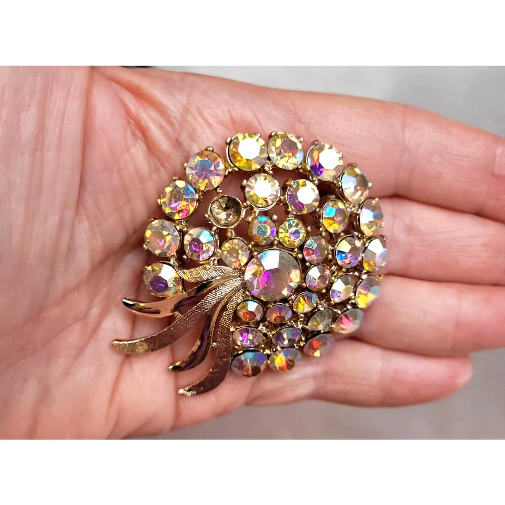 Signed ART Fiery Aurora Borealis Rhinestone Flower Pin Brooch Goldtone Metal MCM
